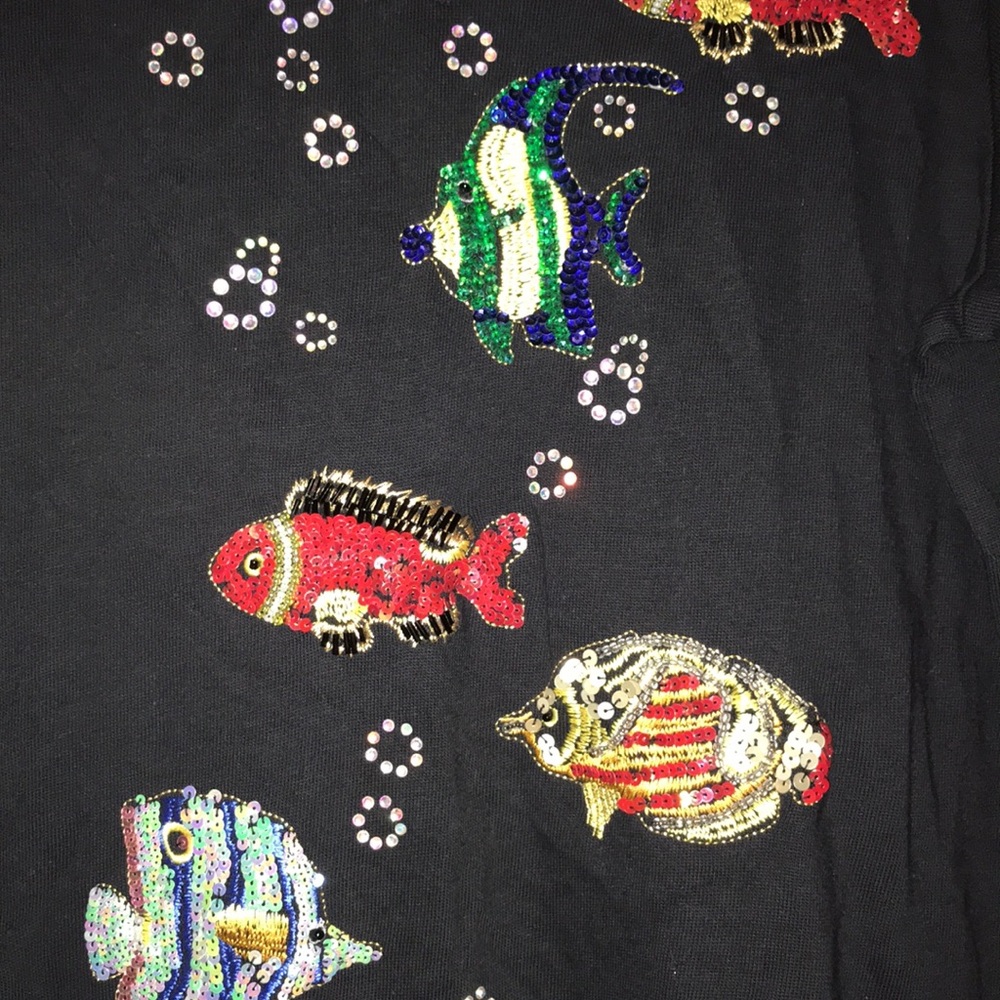 Vintage Quacker Factory Black Hand Beaded Tropical Fish Elbow Sleeve Blouse - Picture 8 of 16